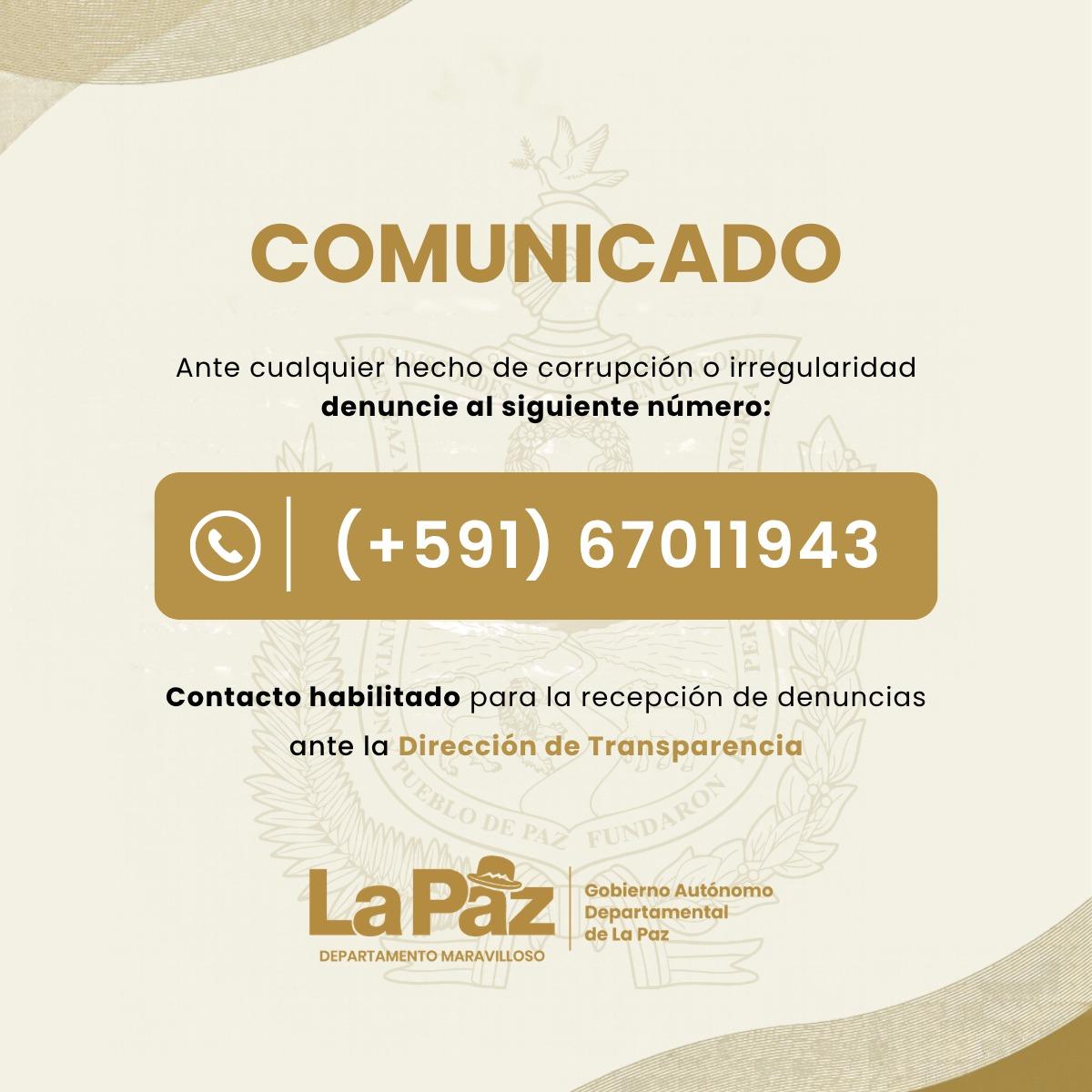 Comunicado: denuncias al WhatsApp +591 74032723, Dirección de Transparencia